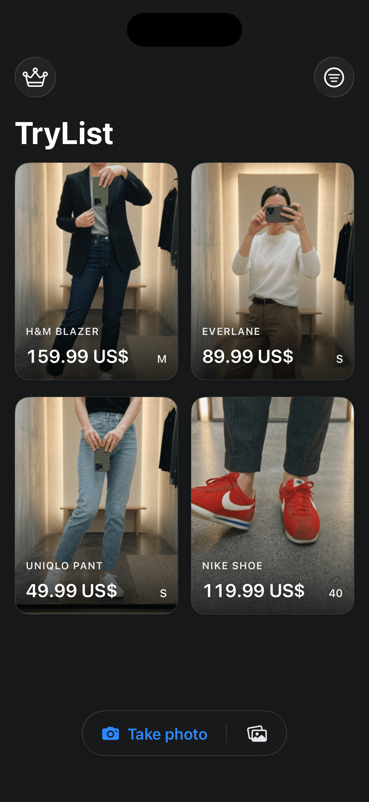 TryList app showing a grid of saved fitting-room photos